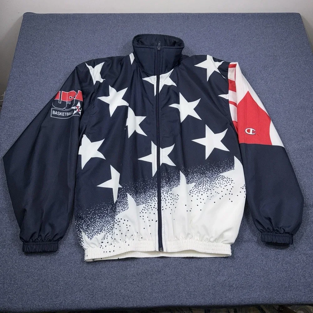 Vintage Champion USA Basketball Jacket Mens Red White Blue Stars Warm Up Large